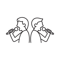 Two people singing into microphones back to back in a duet