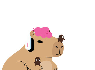 Cute cartoon capybara wearing headphones with pink hair and tiny creatures
