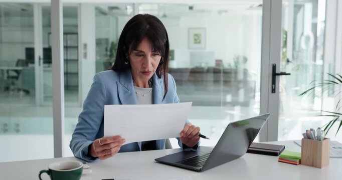 Business, woman and document with laptop in office for accounting, statement and finance report. Mature person, paperwork or pc for payroll, company expenses and audit information of asset management