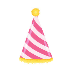 Birthday hat, party cap. Festive cone hat isolated. Funny holiday accessory for celebration. Striped paper head wear in cartoon style. Pointed headwear. Colored flat vector illustration