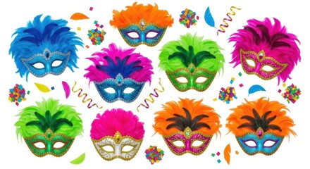 Fototapeta premium Carnival Clipart – Masks, Feathers, Confetti Isolated on White Background