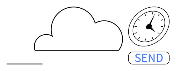Cloud connected to a clock and a SEND button, symbolizing file upload, time management, and email scheduling. Ideal for productivity, deadlines, cloud storage, communication, remote work teamwork