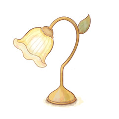 Watercolor illustration of an antique lamp with a flower-shaped shade, warm light, transparent background, copy space