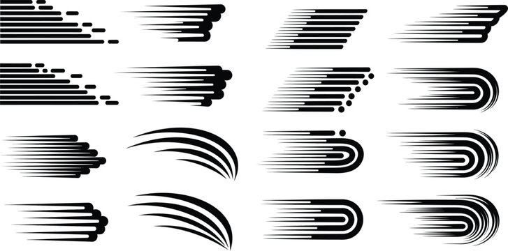 Sixteen speed lines vectors showing motion with speed trails and curved lines designs