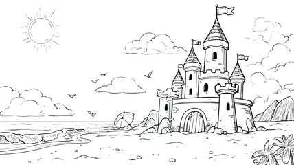 Fototapeta premium Colorful Sandcastle Summer Coloring Page for Happy Kids Activity