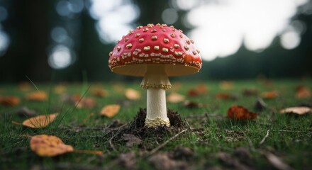 Fototapeta premium Vivid red-capped mushroom with white spots stands in mossy forest floor