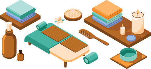 Isometric spa and wellness illustration with woman on massage table, relaxation accessories, essential oils, towels, candle, and beauty care tools