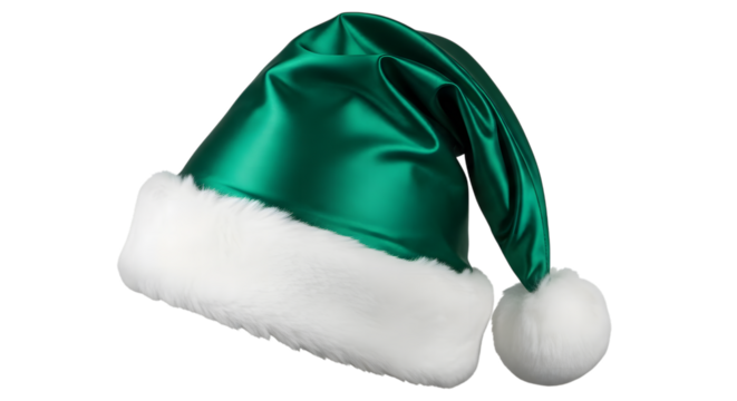 Green santa hat with white trim isolated on transparent background