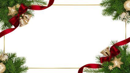 Elegant Christmas frame with red ribbons, golden bells and pine branches, luxurious festive decoration without background