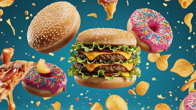 Delicious Fast Food Feast - A Dynamic Display of Pizza, Burgers, Donuts, and Chips.
