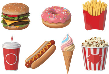 Realistic 3d illustration of fast food items including burger, donut, fries, soda, hotdog, ice cream cone, popcorn snack collection