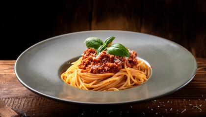 authentic spaghetti bolognese from italy presented on a wooden table