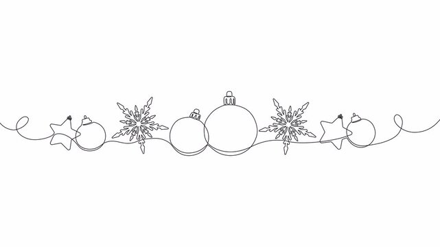 Video. Continuous one line drawing of a Christmas decoration. Minimal vector animation with Christmas balls, stars, tinsel and snowflakes for holiday greeting card or holiday banner. Animation on a wh