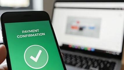 Mobile payment confirmation displayed on the phone, concept of electronic financial transaction. - Powered by Adobe