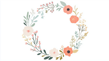 Floral wreath design featuring various flowers and greenery on a white background for decorative purposes