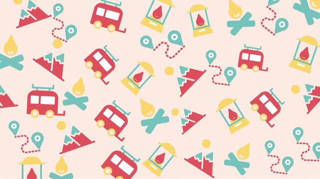 Seamless Travel and Camping Pattern Featuring Tents, Campers, and Road Maps in a Colorful, Flat Design Style