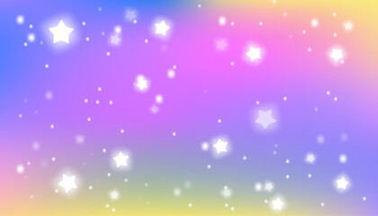 Holographic unicorn background with pastel rainbow gradient in pink and purple. Sparkles and stars create dreamy kawaii princess sky. Fantasy vector texture for Xmas, New Year and festive design