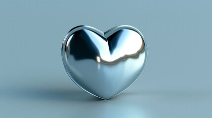 Shiny metallic heart sculpture on a smooth surface with a soft blue background for love and affection themes