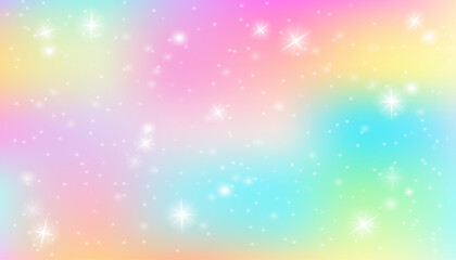  Pastel rainbow hologram with magical unicorn vibe. Iridescent pink and purple gradient background with sparkles, kawaii dreamy sky, fantasy vector texture for holiday, party and celebration decor © Hanna