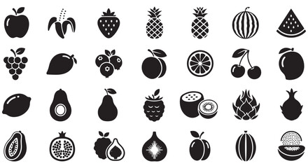 Food fruits glyph icon set. Vector pictograms of banana, strawberry, pineapple, watermelon, grapes, mango, blueberries, peach, cherry, lemon, avocado, pear, kiwi, black sign silhouette illustration