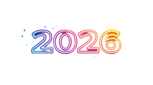 Neon Light Effect 2026 Numerals on Transparent Canvas