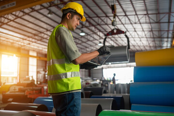 Warehouse worker using tablet to manage inventory industrial facility digital workflow organized environment focused perspective