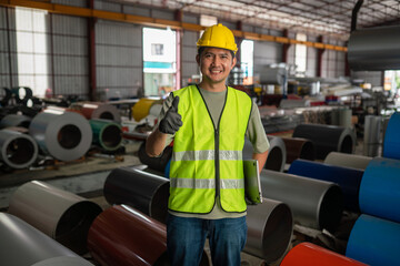 Construction worker celebrating safety success in manufacturing facility industrial environment positive viewpoint