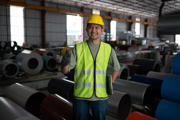 Worker smiling in industrial warehouse construction site photo busy environment close-up safety and teamwork concept