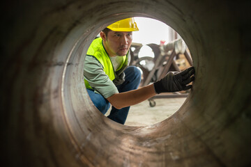 Worker inspecting industrial pipe manufacturing facility action shot close-up professional environment