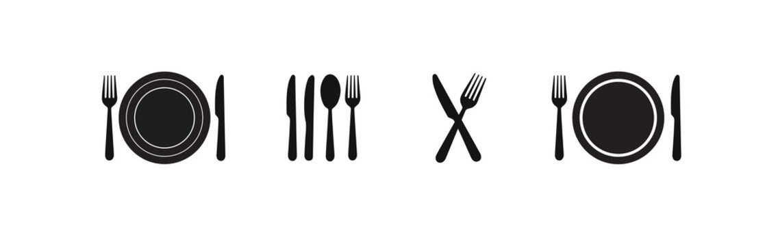 Spoon and fork icon set. Restaurant symbol. knife,plate,spoon,cutlery Vector illustration.