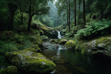 Fototapeta premium Vintage oil painting of a hidden waterfall cascading between mossy rocks, surrounded by ferns and mist, soft daylight filtering through trees, tranquil nature wall art, serene tones