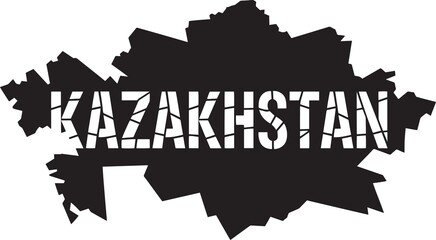 Black silhouette map contour of Kazakhstan nation with cracked distressed texture typography