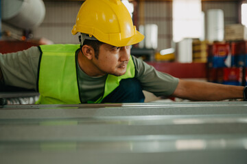 A construction worker attentively inspects metal sheets in a bustling industrial workshop highlighting safety and precision.