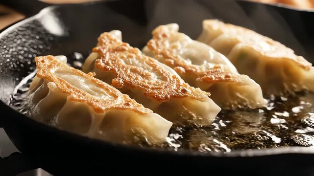 Crispy Pan-Fried Gyoza Dumplings Sizzling in a Hot Skillet.