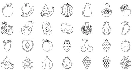 Fruits line icon set. Vector pictograms of banana, orange, strawberry, grapes, pineapple, mango, blueberry, raspberry, lime, kiwi, papaya, pomegranate, coconut, thin linear illustration