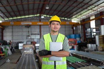 Construction worker overseeing project in industrial warehouse business environment professional perspective
