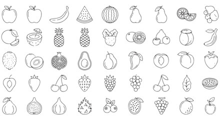 Fruits line icon set. Vector pictograms of banana, orange, strawberry, grapes, pineapple, mango, blueberry, raspberry, lime, kiwi, papaya, pomegranate, coconut, thin linear illustration