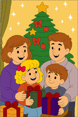 family celebrating Christmas. hand drawn cartoon style drawing.