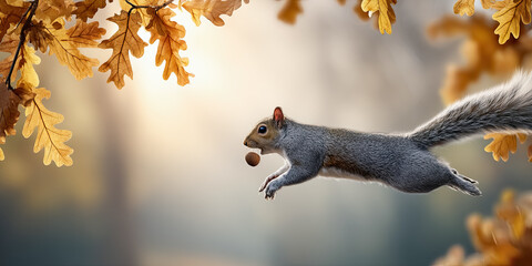 Obraz premium Squirrel leaping through autumn leaves with acorn in mouth, showcasing vibrant nature scene