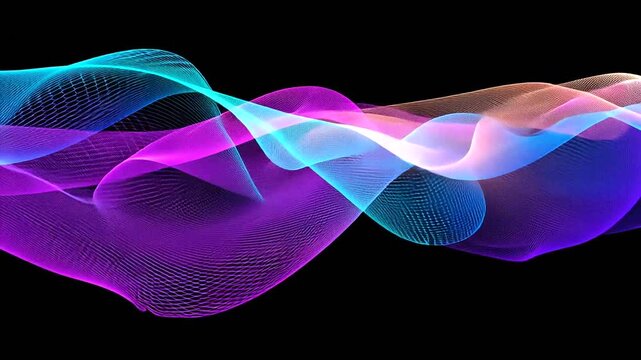 Abstract neon waves of purple and cyan light flow across a black background