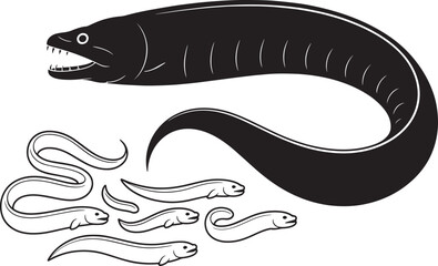 Eel fish silhouette and leptocephali juvenile larvae black isolated illustration predatory marine life
