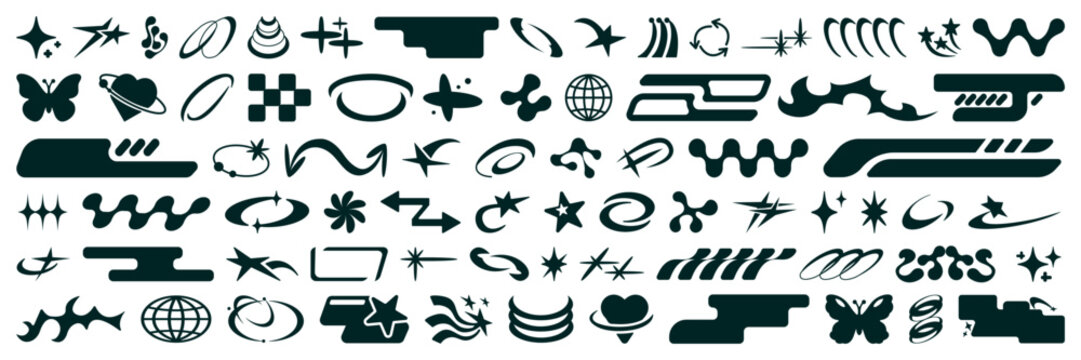 Bling Y2K icon set with star shapes and shiny sparkle elements. Minimalist geometric burst pack with twinkle effects.	