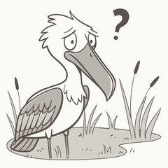 Worried shoebill stork cartoon vector. Confused african bird with question mark in monochrome wetland illustration.