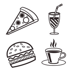 Monochrome illustration featuring fast food and a hot drink