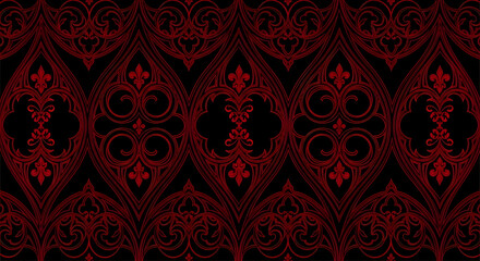 Ornate red gothic pattern with floral elements on a dark black background repeat design wallpaper © Gihan