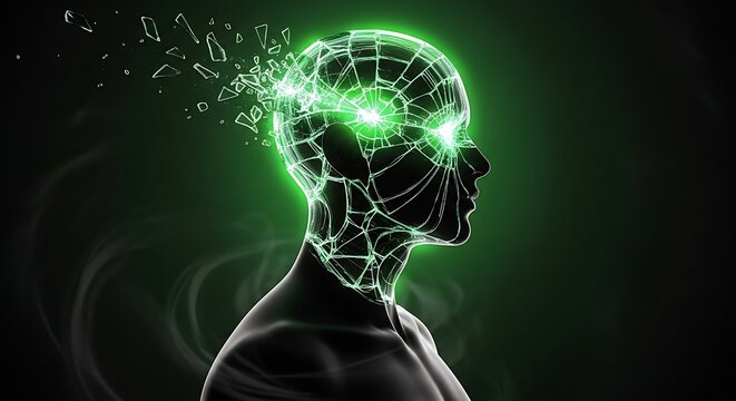 Digital head with green light particles - Powered by Adobe