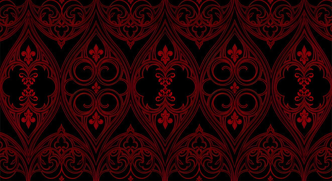 Fototapeta Ornate red gothic pattern with floral elements on a dark black background repeat design wallpaper