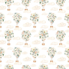 Pastel floral balloons on sky watercolor seamless pattern isolated on white. Flying hot air balloons of flowers and clouds hand painted. Repeat background for baby textile in beige palette.