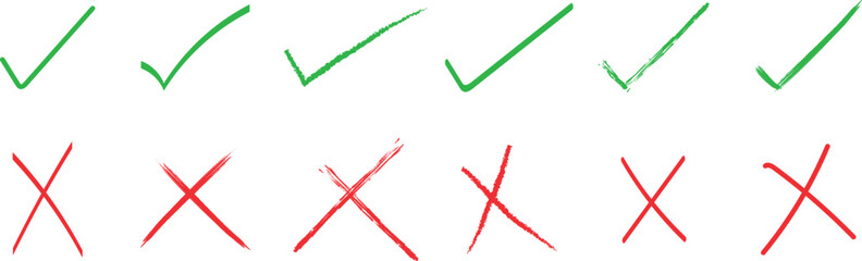 Hand-Drawn Tick and Cross Icons – Sketch Style Check Mark and Wrong Symbol Set for Design and Presentation Use