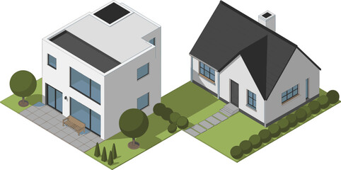 Isometric illustration of modern and traditional houses, residential architecture design, urban housing concept, suburban neighborhood, real estate property visualization